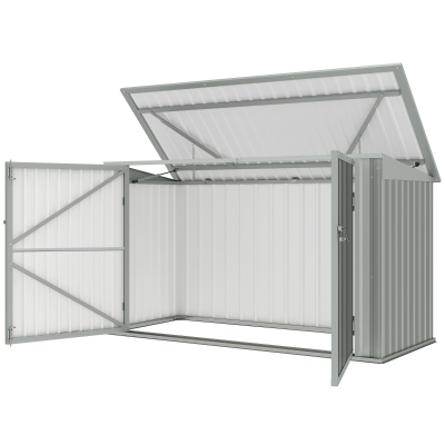 Outsunny 7.6 x 3.4ft Outdoor Storage Shed, 3 Garbage Bin Shed Organizer with Lockable Double Doors, Openable Lid, Silver Grey