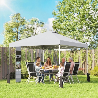 Outsunny 9.6 x 9.6 ft Pop Up Canopy Tent with Pockets, UPF 50+ 1-Button Push Outdoor Instant Canopy with Sandbags, Wheeled Bag