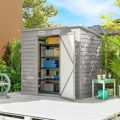 Outsunny 6 x 4FT Galvanized Garden Storage Shed, Metal Outdoor Shed with Double Doors and 2 Vents, Light Grey