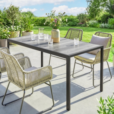 Outsunny Outdoor Dining Table for 4-6, 59" Outdoor Patio Table with Metal Legs, Wood-Effect Top, Grey