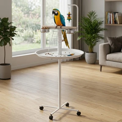 PawHut Bird Stand with Wheels, Perches & Feed Bowls