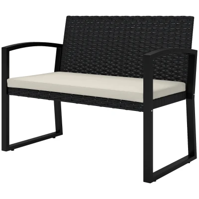 Outsunny 2 Seater Outdoor Bench, Rattan Garden Bench Loveseat with Cushion, Armrests, Steel Frame for Patio, Porch, Beige