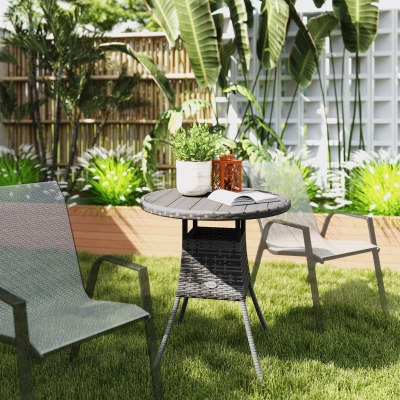 Outsunny 27.5" Outdoor Wicker Dining Table, PE Rattan Patio Furniture with Wood-plastic Composite Top, Grey