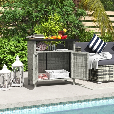 Outsunny Wicker Outdoor Storage Cabinet with Two Doors and Shelf for Outdoor Pool Towel Storage, Grey