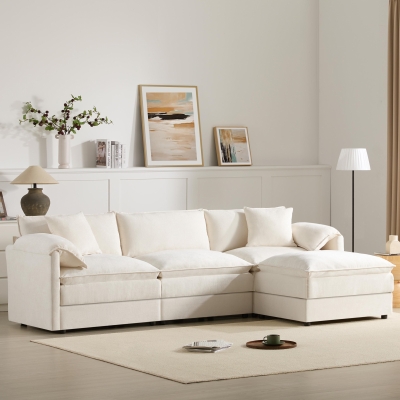 Modular Sectional Sofa with Deep Wide Seats and Cushions, L-Shaped Cloud Couch with Movable Ottoman, 103" L x 59.5" W x 33" H, White