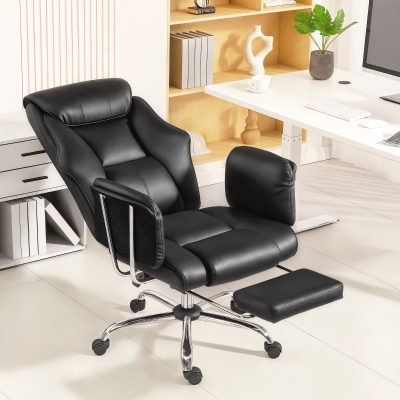 HOMCOM Reclining Office Chair, Overstuffed Executive Desk Chair with High Back, PU Leather, Footrest, Swivel Wheels, Black