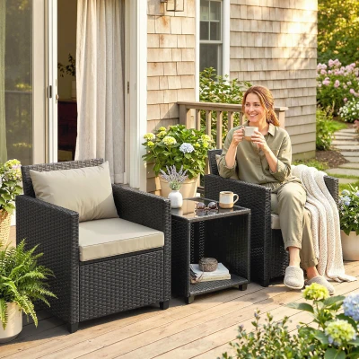 Outsunny 3 Piece Wicker Patio Bistro Set with Cushions, Beige