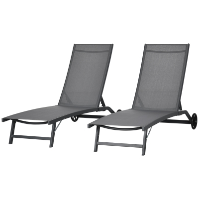 Outsunny Outdoor Lounge Chair Set of 2, Tanning Chair with Wheels, Breathable Mesh for Patio, Backyard, Poolside, Dark Grey