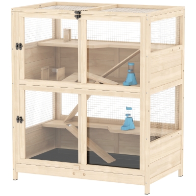 PawHut 4-Tier Wooden Hamster Cage with Mesh Roof & Pull-Out Tray
