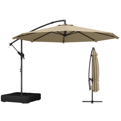 Outsunny 9.6 ft Offset Patio Umbrella with Sandbag, Garden Hanging Banana Cantilever Parasol with 360° Rotation, Khaki