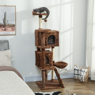 PawHut 63 Inch Cat Tree with Sisal Scratching Posts, Condos, Plush Perches, Hammock, Ladder, Dangling Balls, Leopard Print
