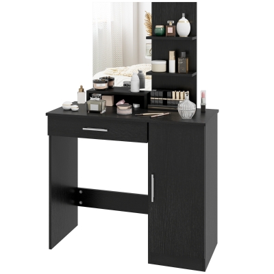 HOMCOM Vanity Desk with Mirror, Makeup Vanity w/ Drawer, Open Compartment and Shelves, Cabinet, Adjustable Shelves for Bedroom