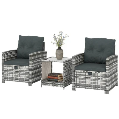 Outsunny 5 Piece Patio Furniture Set, Wicker Patio Chairs with Ottomans, 2-Tier Glass Coffee Table and Cushions, Grey/Dark Grey