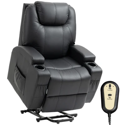 HOMCOM Power Lift Recliner Chair for Elderly, PU Leather Lift Chair with Thick and High Back, Footrest, Remote, Side Pockets, Cup Holders, Reclining Sofa for Living Room, Black