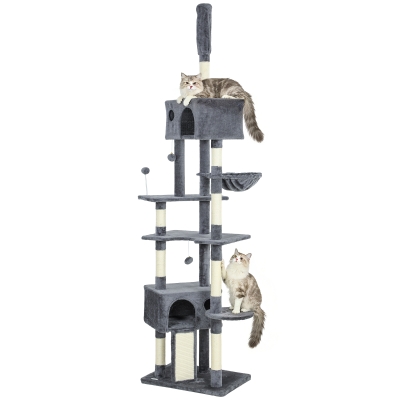 PawHut 91"-98" Floor to Ceiling Cat Tree with 2 Condos, Hammock and Sisal Scratching Posts, for Indoor, Dark Grey