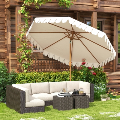 Outsunny 9 ft Patio Umbrella with Push Button Tilt and Crank, Double-ruffled Outdoor Market Table Umbrella Parasoll, Cream White