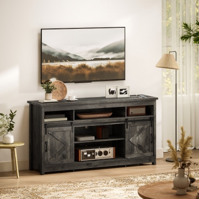 HOMCOM TV Stand with Power Outlets, Sliding Barn Doors and Adjustable Shelves for 72 Inch TVs, Dark Grey