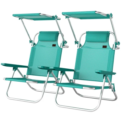 Outsunny 2 Piece Folding Beach Chairs with Adjustable Canopy, 6-Position Reclining Lounge Chair with Headrest, Turquoise