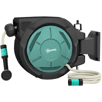 Outsunny 1/2 in x 65ft Wall Mounted Garden Hose Reel, Retractable Water Hose Reel with Auto Rewind, Any Length Lock, Blue