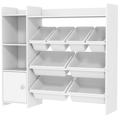 Qaba Kids Bookshelf and Toy Storage Organizer, Children Bookcase with 8 Removable Bins, Cabinet for Playroom, Kids Room, Nursery, White