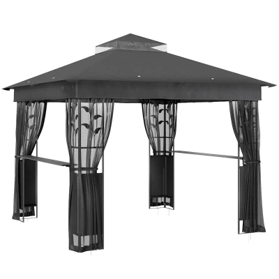 Outsunny 10' x 10' Outdoor Gazebo with Shelves and Netting, UV30+ Double Roof Patio Gazebo for Lawn, Backyard and Deck