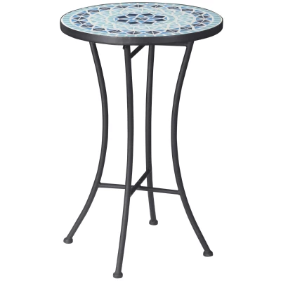 Outsunny Mosaic Patio Table, Round Coffee Table with Metal Frame, Garden Furniture for Outdoor, Poolside, Blue