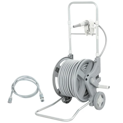 Outsunny Hose Reel Cart with Wheels, 1/2" x 148ft Garden Hose Reel with 2 Patterns Nozzle, Faucet Adaptors, Rewind Handle, Grey