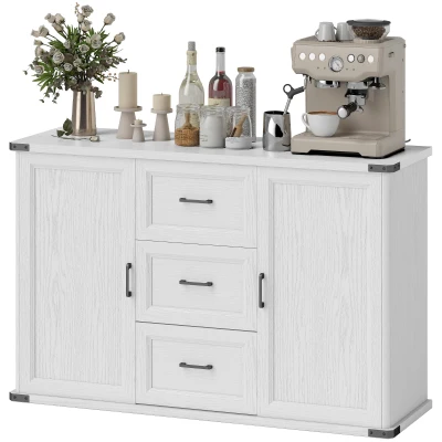 HOMCOM Sideboard with 3 Drawers and 2 Doors, 47" Buffet Cabinet with Adjustable Shelves for Kitchen, White Wood Grain