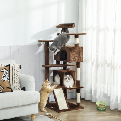 PawHut 54" Cat Tree, Multi-Level Cat Tower with Scratching Posts, Cat Condos, Bed, Platforms, Ramp, Toy Ball, Light Brown