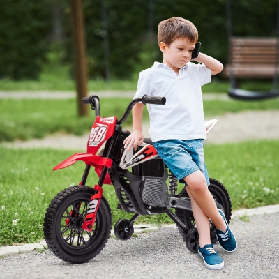 Qaba 12V Kids Dirt Bike, Electric Motorcycle with Twist Grip Throttle, Training Wheels, Rear Suspension & Music, Red