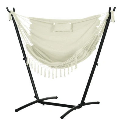 Outsunny Patio Hammock Chair with Stand, Outdoor Hammock Swing Hanging Lounge Chair with Side Pocket and Headrest, Cream