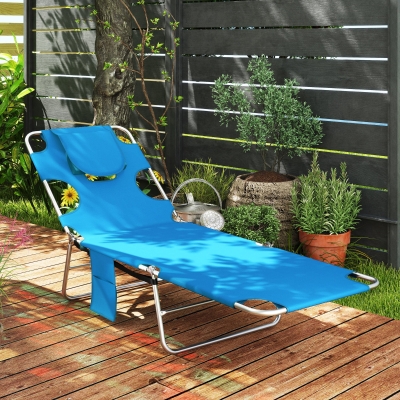 Outsunny Folding Outdoor Lounge Chair, 5-Level Tanning Chair with Face Hole, Side Pocket, Carry Strap for Beach Pool, Blue