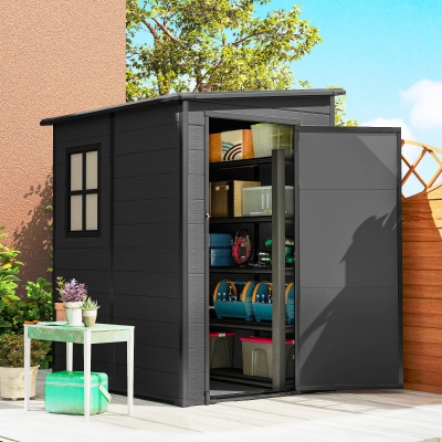 Outsunny 4'x5' Garden Storage Shed, Lean to Shed, Lockable Garden Tool Storage House with Window, Vent, Dark Grey