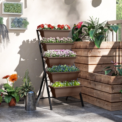 Outsunny 5-Tier Raised Garden Bed with 5 Planter Box, Outdoor Plant Stand Grow Containers with Leaking Holes, Brown