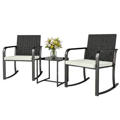 Outsunny 3 Pieces Rocking Bistro Set Outdoor Patio Furniture Set with Cushions, Glass Coffee Table for Balcony, Cream White