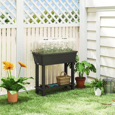 Outsunny 41L Self Watering Raised Garden Bed w/ Ventilation Transparent Lid Greenhouse, Planter Box w/ Storage Shelf, Black