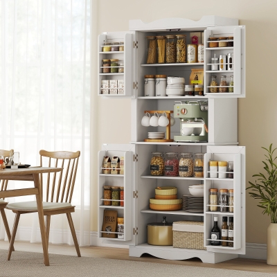 HOMCOM 73" Kitchen Pantry Cabinet, Freestanding Kitchen Hutch with 12 Door Shelves, Adjustable Shelves, Microwave Stand, White