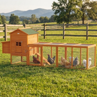 PawHut 117" Extra Large Chicken Coop with Asphalt Roof, Wooden Hen House with Slide-out Tray, Quail Hutch with Nesting Box, Orange