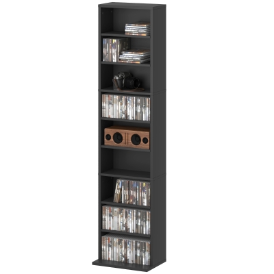 HOMCOM Media Storage Cabinet, 9-Tier Tall Narrow DVD Shelf with 6 Adjustable Shelves, Black
