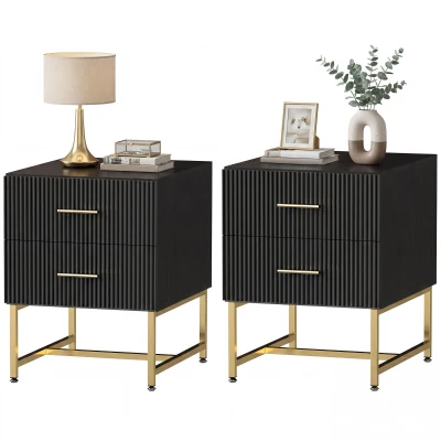HOMCOM 2 Pieces Nightstands with Storage, Modern Bedside Tables with 2 Fluted Drawers and Gold Legs for Bedroom, Black