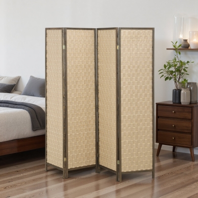 HOMCOM 6 FT Room Divider, 4 Panel Folding Privacy Screen, Lightweight Handwoven Freestanding Partition for Home Office, Brown