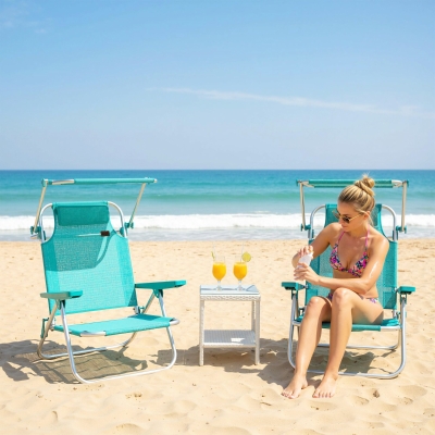 Outsunny 2 Piece Folding Beach Chairs with Adjustable Canopy, 6-Position Reclining Lounge Chair with Headrest, Turquoise