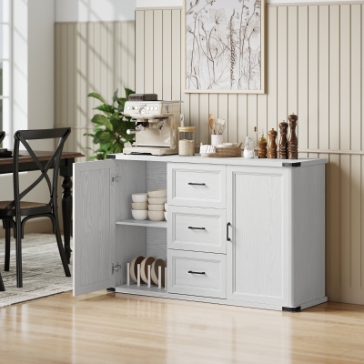 HOMCOM Sideboard with 3 Drawers and 2 Doors, 47" Buffet Cabinet with Adjustable Shelves for Kitchen, White Wood Grain