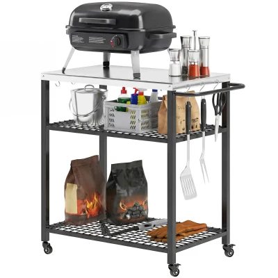 Outsunny Outdoor Grill Cart with Stainless Steel Top, Two-Shelf Pizza Oven Stand, Food Prep Table on Wheels, Black