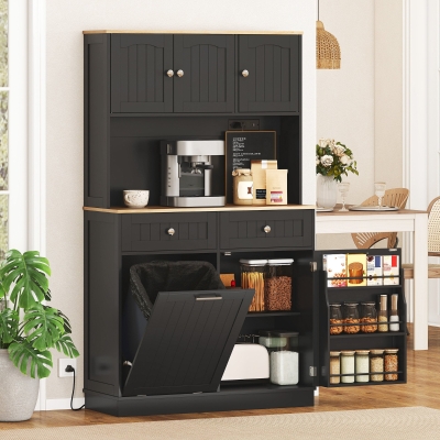 HOMCOM 68" Pantry Cabinet with Charging Station, Storage Cabinet with Microwave Stand, 10 Gallon Trash Can Cabinet, Black