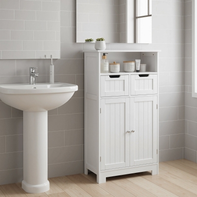 kleankin Freestanding Bathroom Cabinet with Adjustable Shelf and Drawers, Small Cabinet for Bathroom, Living Room, White