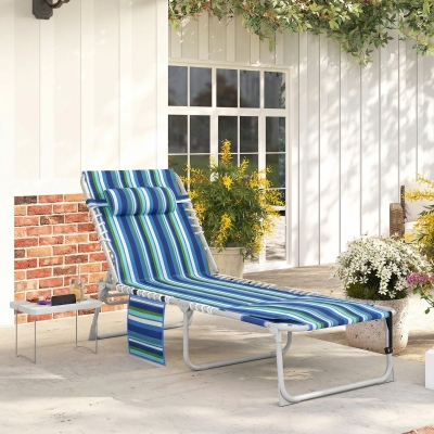 Outsunny Tanning Chair with Face Hole and Side Table, Folding Outdoor Lounge Chair with Carry Straps, Side Pocket, Blue Stripe