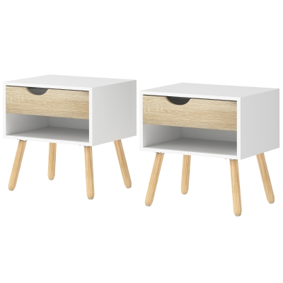 HOMCOM Set of 2 Bedside Table with Drawer and Shelf, Modern Nightstand with Wooden Legs, End Table for Bedroom, White