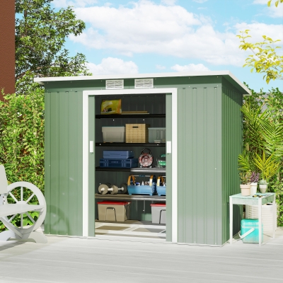 Outsunny 7' x 4' Galvanised Steel Garden Shed, with Foundation Kit - Green