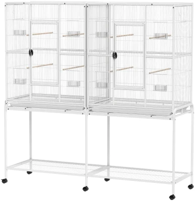PawHut 64" Large Rolling Bird Cage Bird House with Detachable Rolling Stand, Storage Shelf, Wood Perch Food Container, White